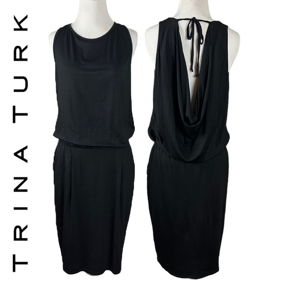 Trina Turk Dress Black Medium Drape-Back Jersey Open Drape Back Viscose NWOT - Picture 3 of 13